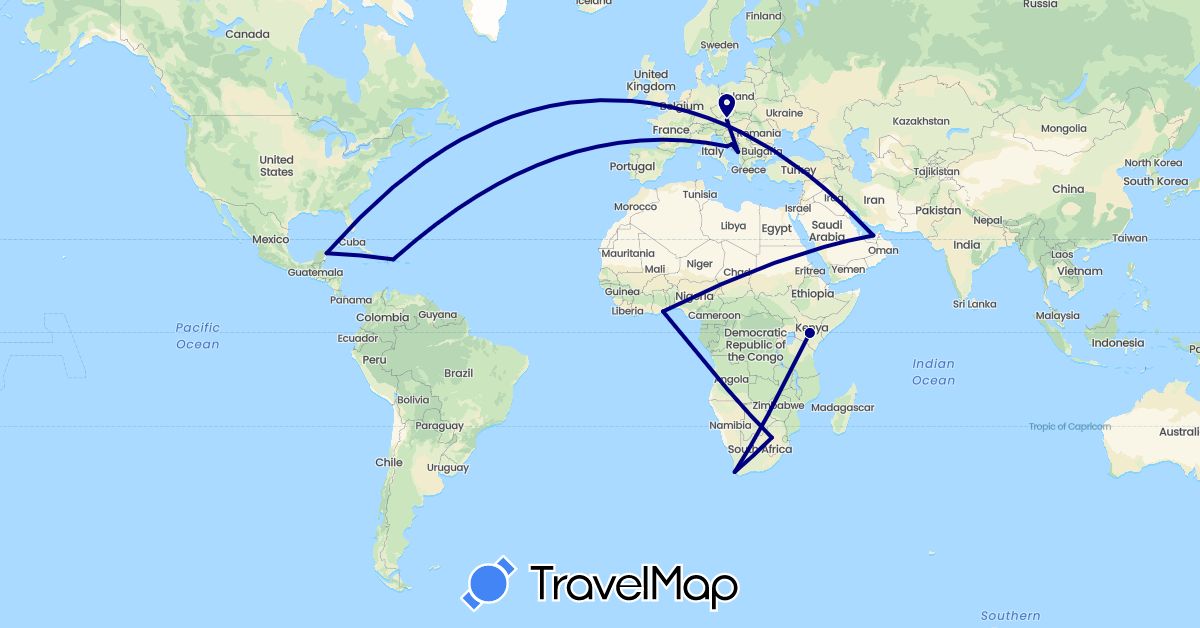 TravelMap itinerary: driving in United Arab Emirates, Austria, Bosnia and Herzegovina, Dominican Republic, Ghana, Croatia, Kenya, Montenegro, Mexico, South Africa (Africa, Asia, Europe, North America)